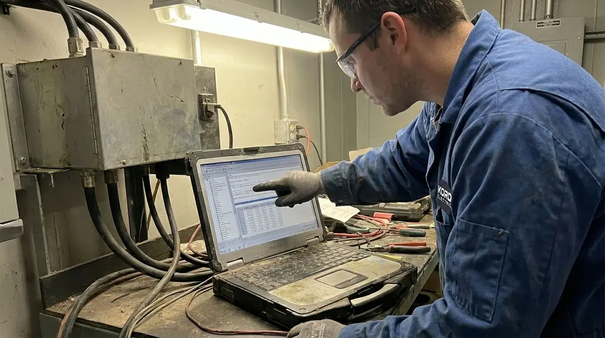 Facility team reviewing automatic generator sequencing controls on a modern control panel