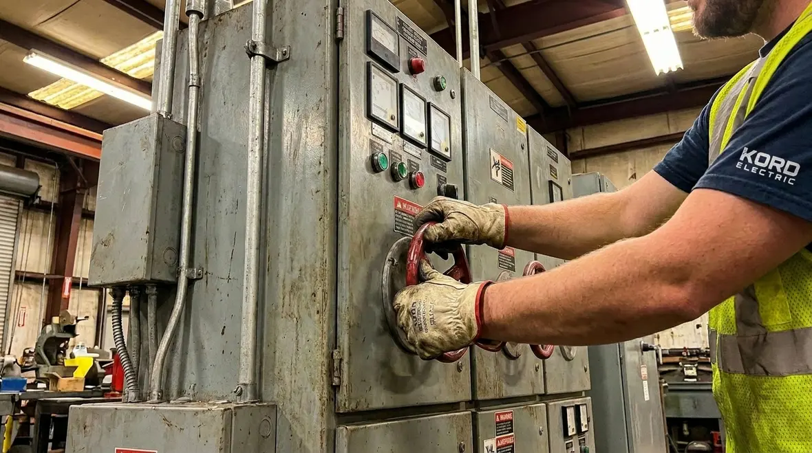Technician inspecting commercial electrical panels in a retail facility