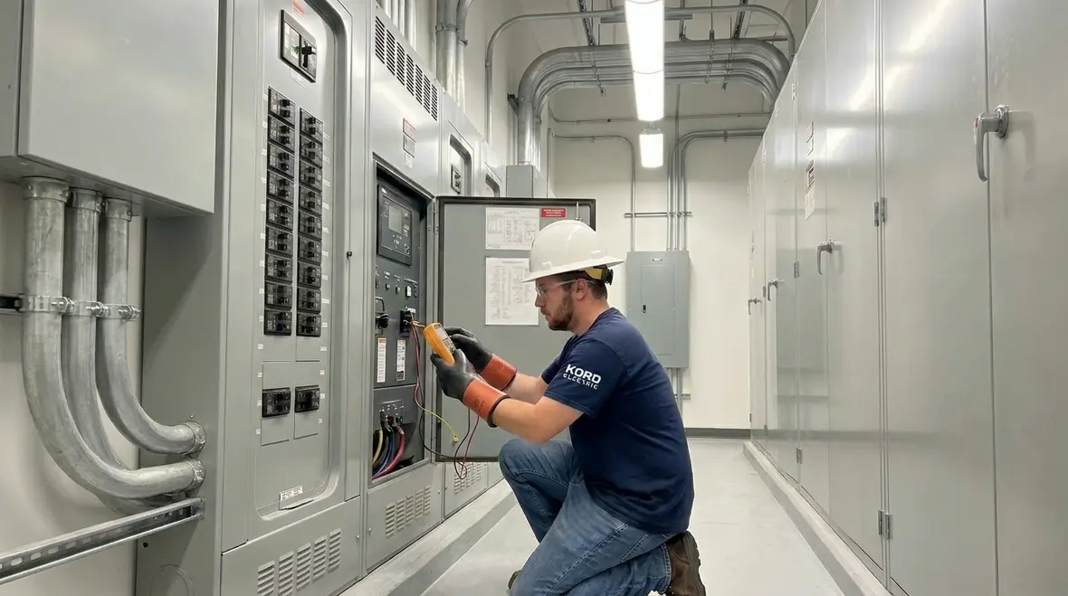 Technicians reviewing a business continuity electrical power backup system design