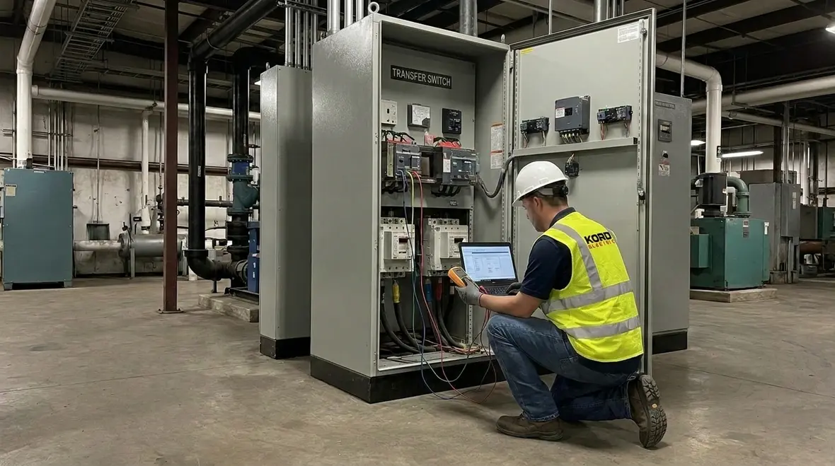 Technicians reviewing a business continuity power planning diagram for a commercial facility