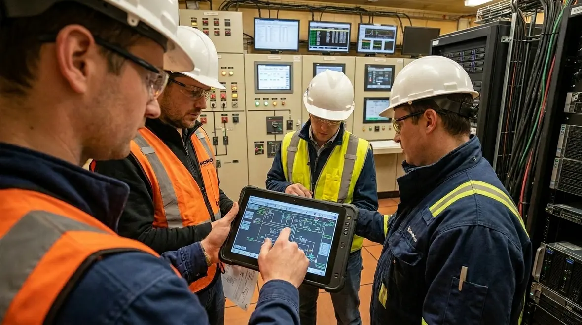 Technicians designing business continuity power solutions for commercial facility
