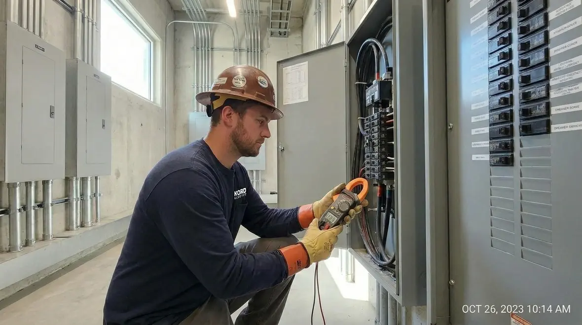 Technician reviewing a commercial electrical subpanel for load management