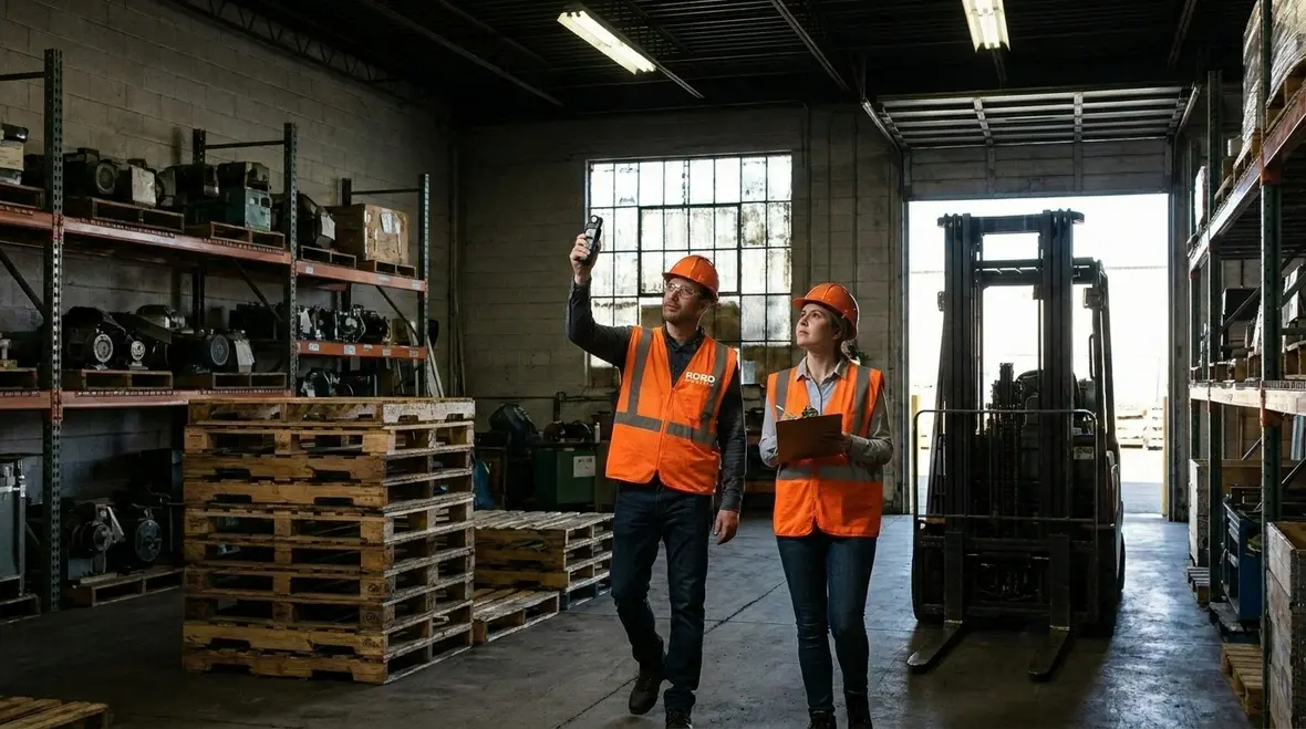 Warehouse lighting layout and audit notes on tablet