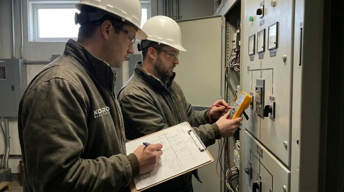 Technician reviewing commercial electrical load balancing across a main panel