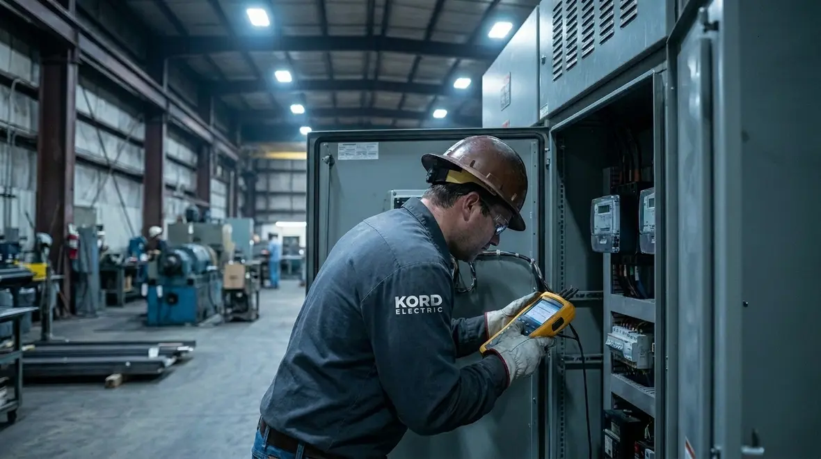 Technician performing industrial power quality assessment in a commercial facility