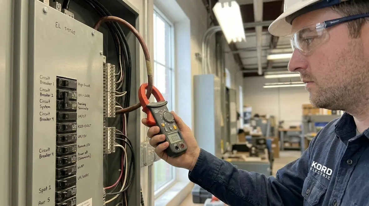 Technicians reviewing business power backup systems in a commercial electrical room