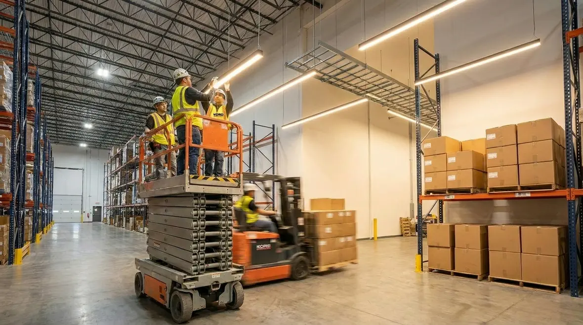 LED high-bay fixtures being installed in an industrial warehouse
