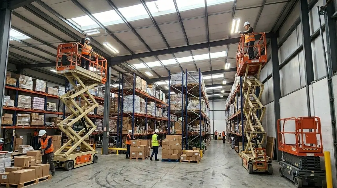 Upgraded industrial warehouse lighting system with bright, even illumination