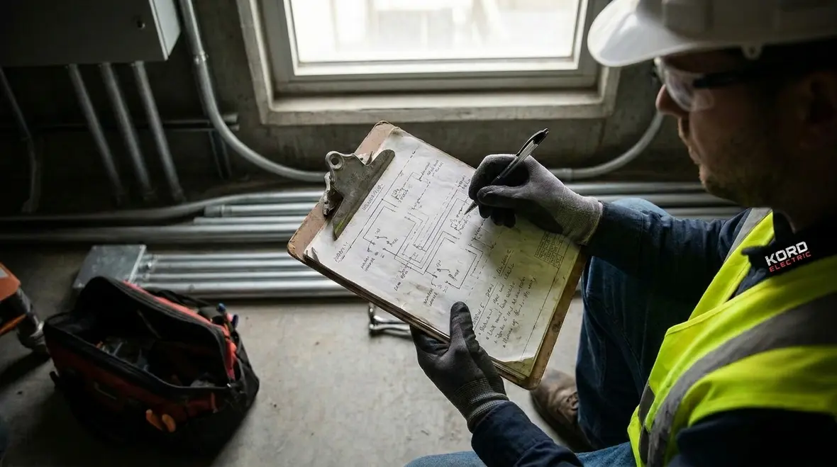 Technicians mapping electrical risks and uptime priorities in a facility