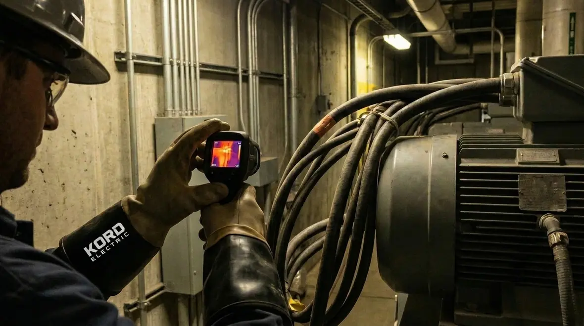 Technician reviewing power factor data inside a commercial facility