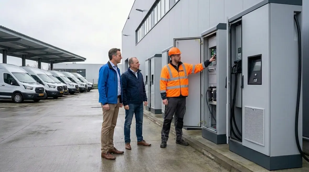 Commercial EV fleet charging stations installed at a logistics facility