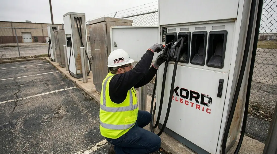 Technician installing modular commercial EV charging equipment
