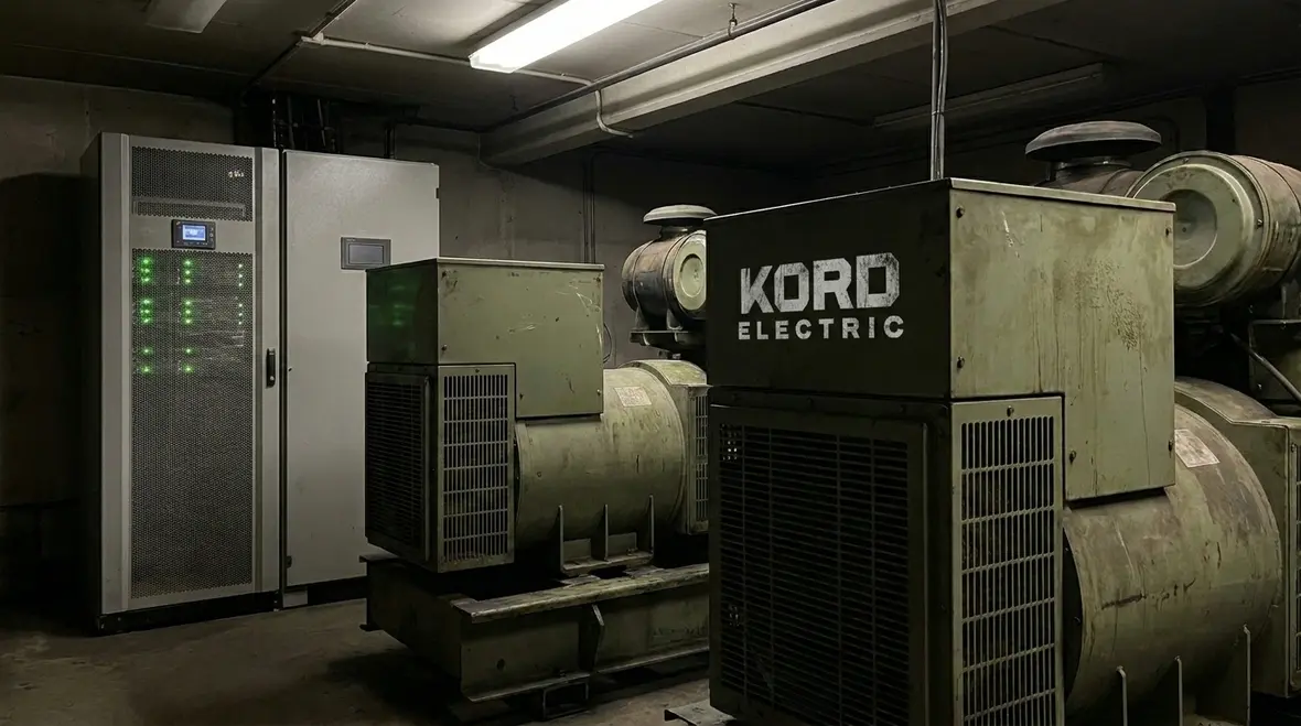 Generators and UPS arranged for commercial building redundant backup power