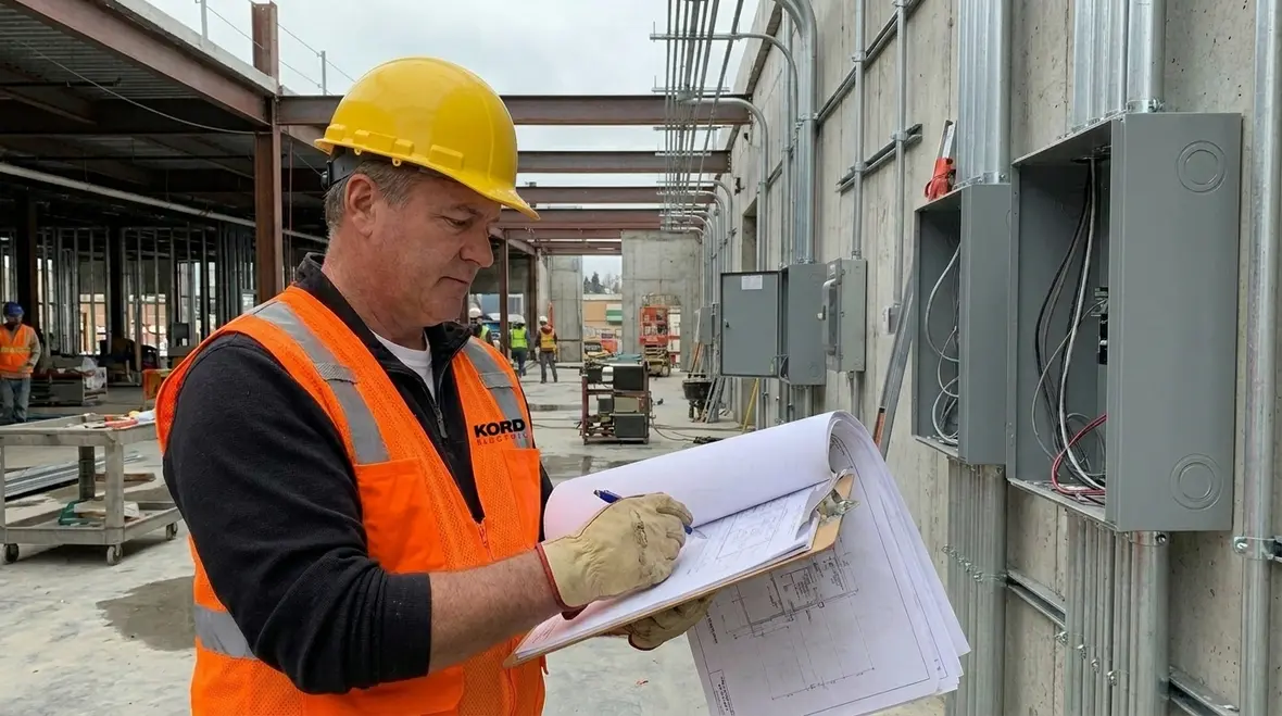 Electricians reviewing commercial building code compliance plans on site