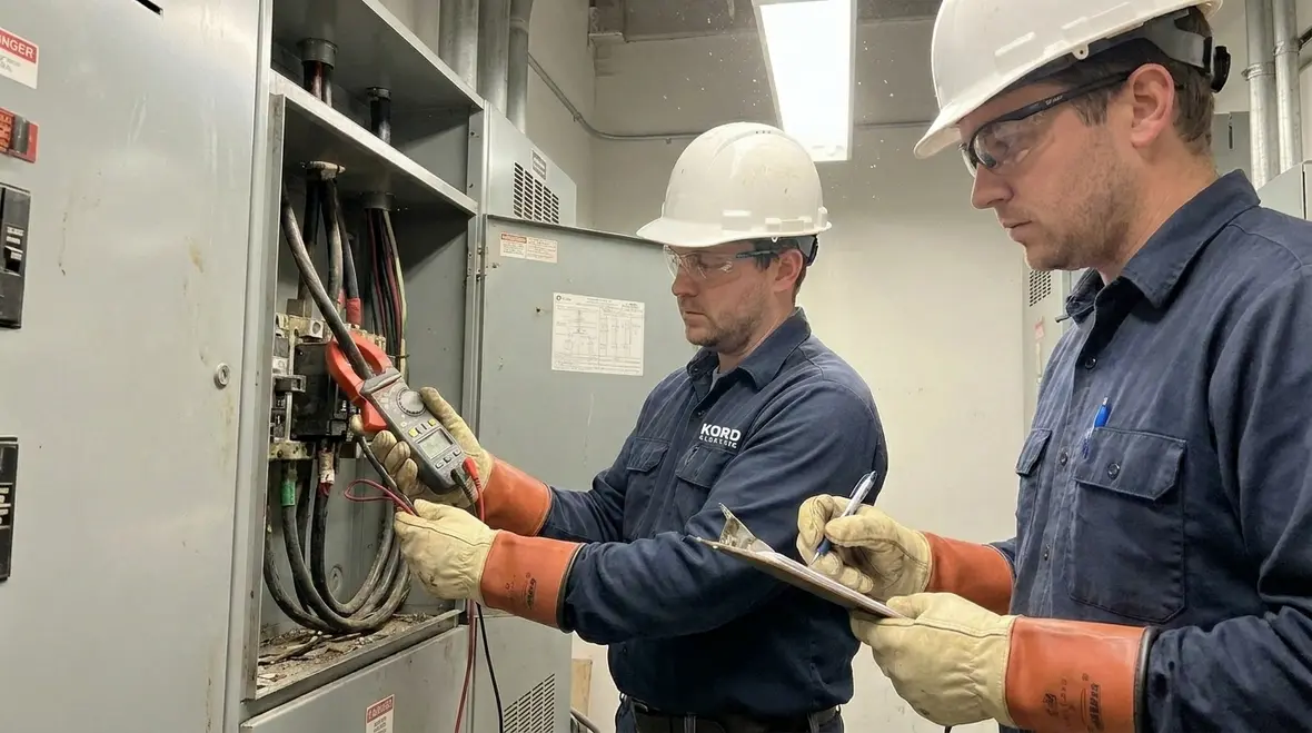 Technician reviewing commercial building electrical infrastructure upgrades plan