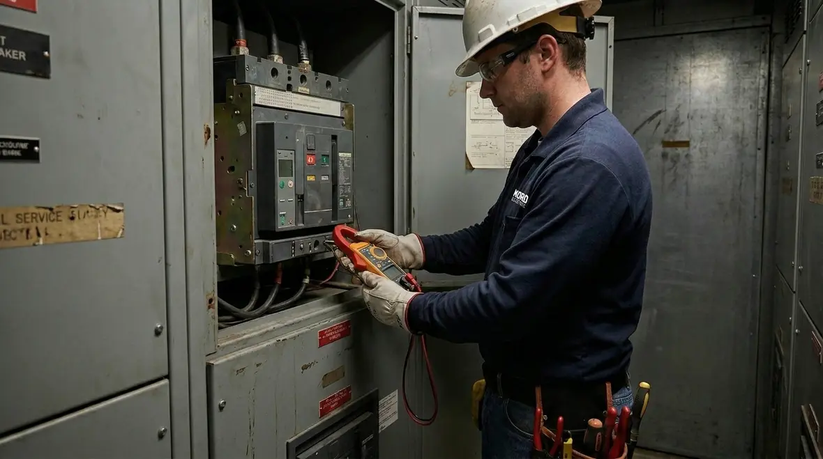 Technicians reviewing electrical dashboard data trends
