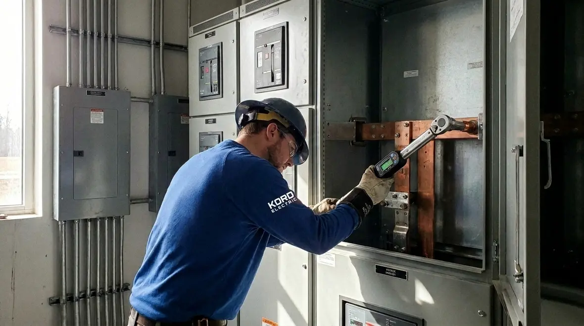 Technician performing electrical switchgear preventative maintenance inspection