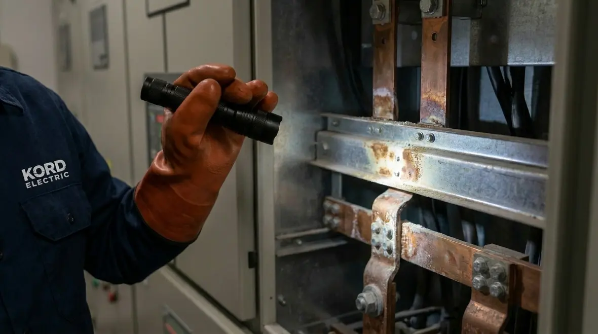 Close-up of commercial electrical switchgear during visual inspection