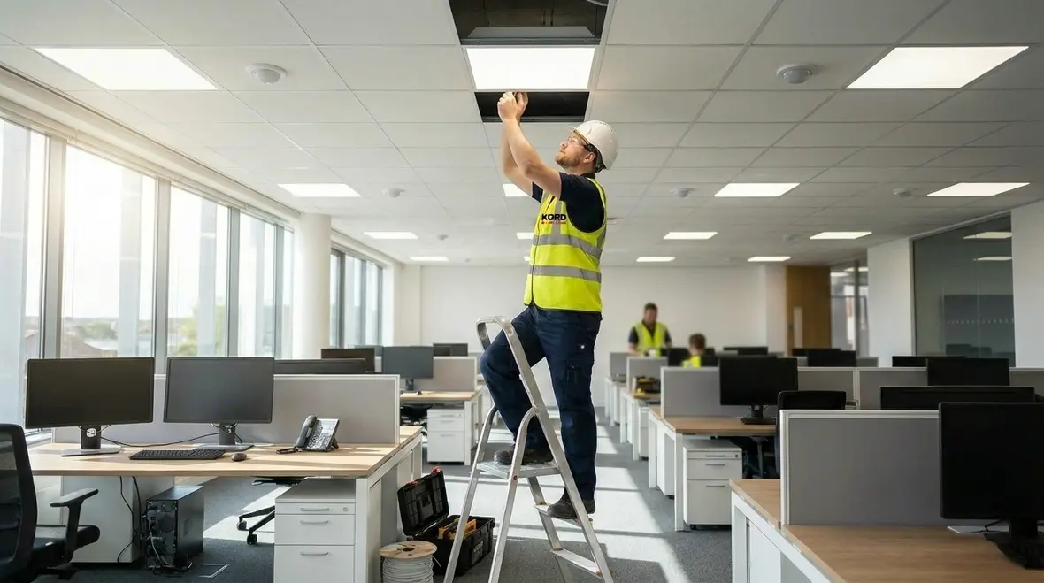 Modern commercial building with efficient electrical and lighting systems