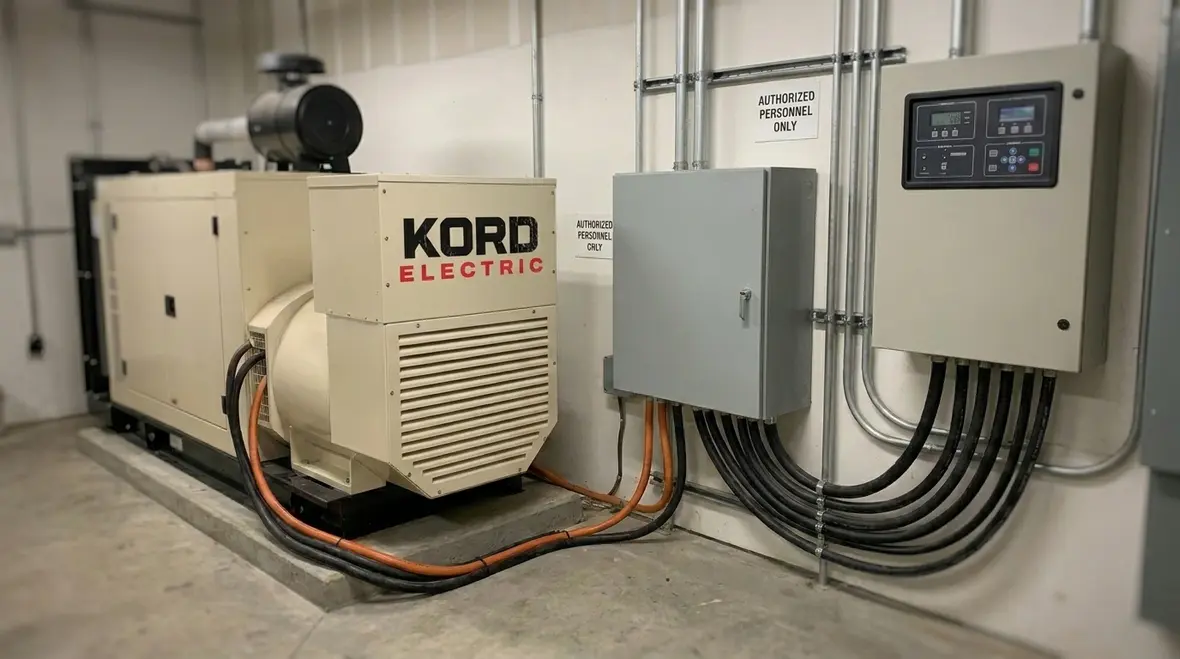 Technician reviewing commercial backup power documentation and test logs