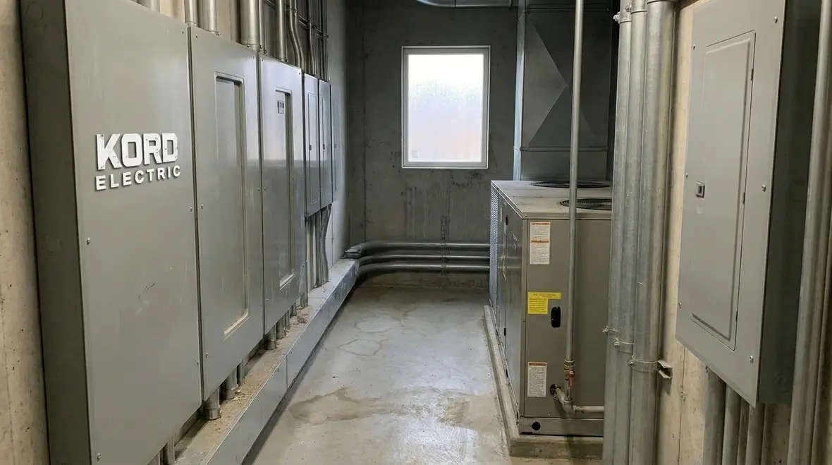 Commercial breaker panel in an industrial building with labeled circuits