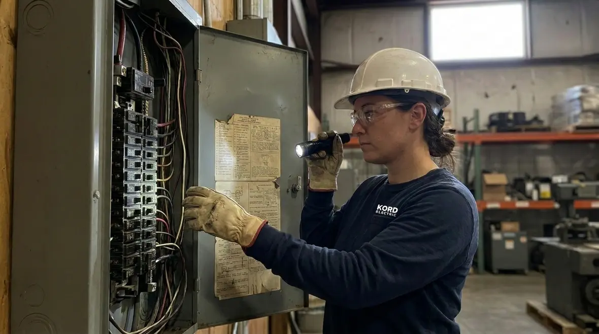 Technician testing commercial circuit breakers for common failure symptoms