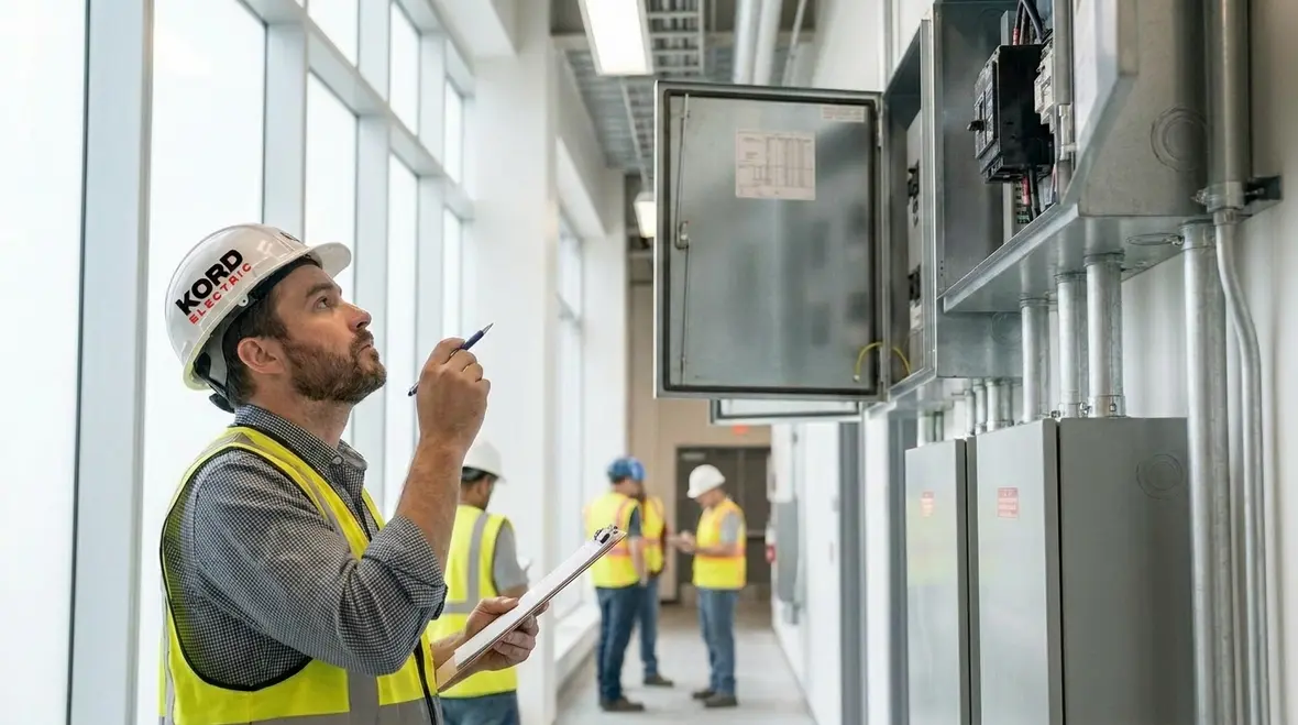 Technician performing a commercial electrical reliability audit in a large electrical room