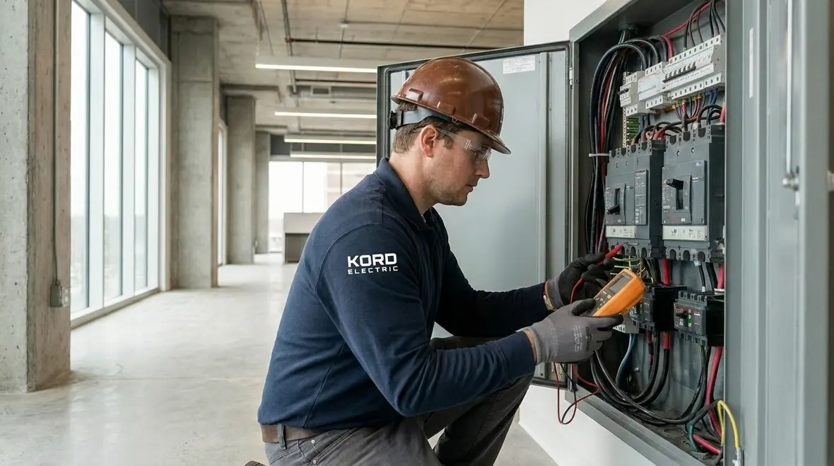 Technician inspecting commercial electrical terminations for loose connections