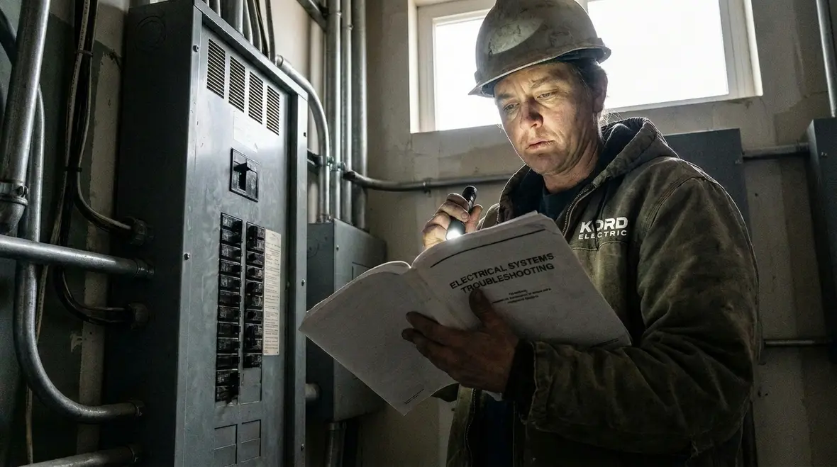 Technician reviewing a commercial electrical circuit troubleshooting guide in a mechanical room