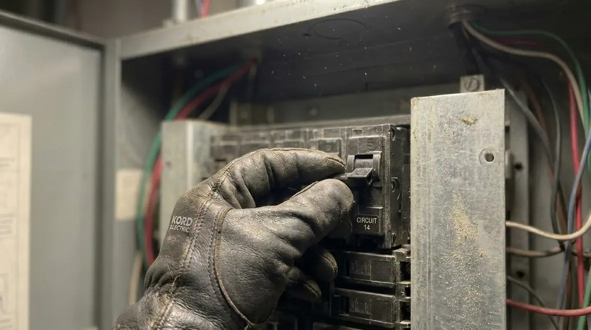 Technician performing commercial electrical circuit troubleshooting in a major property building