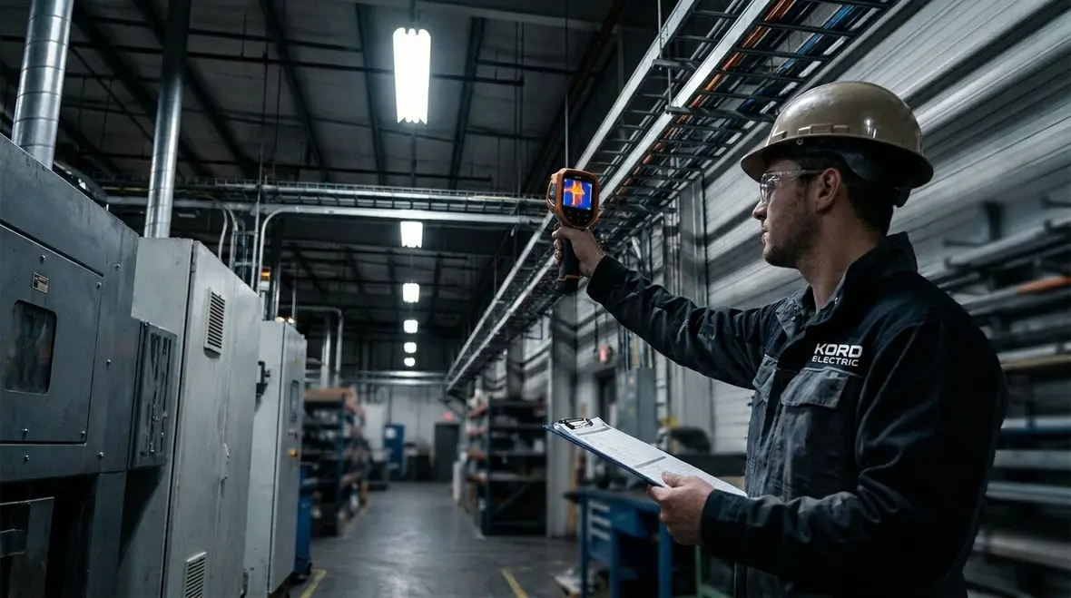 Electrician collecting field data during a commercial electrical infrastructure assessment walkthrough