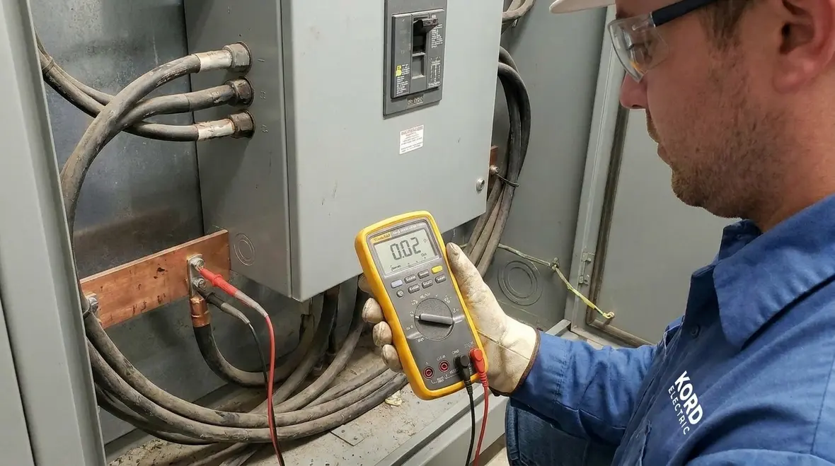 Technician performing a commercial electrical infrastructure assessment