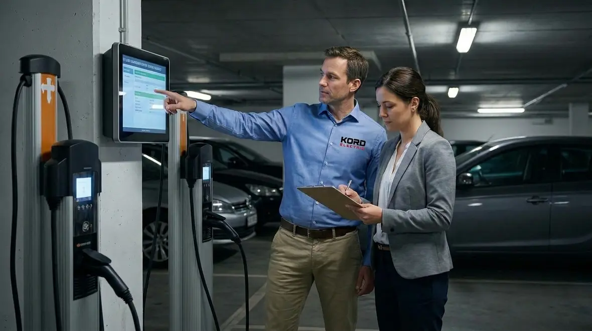 Technicians configuring smart EV charging load management controls for a commercial site