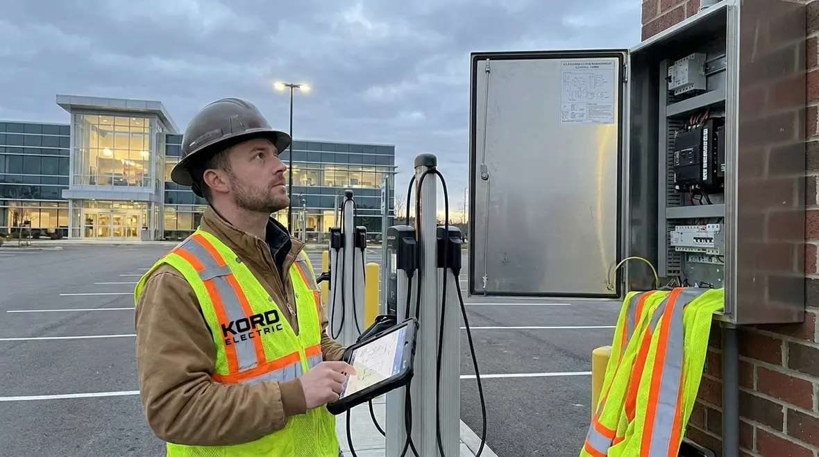 Commercial electrical panel and EV charging infrastructure being evaluated for load capacity
