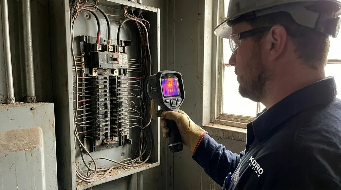 Technician inspecting commercial electrical panels for overheating and stress