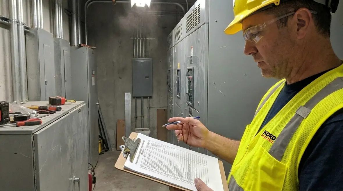 Electrical technician reviewing preventative maintenance priorities in a commercial facility