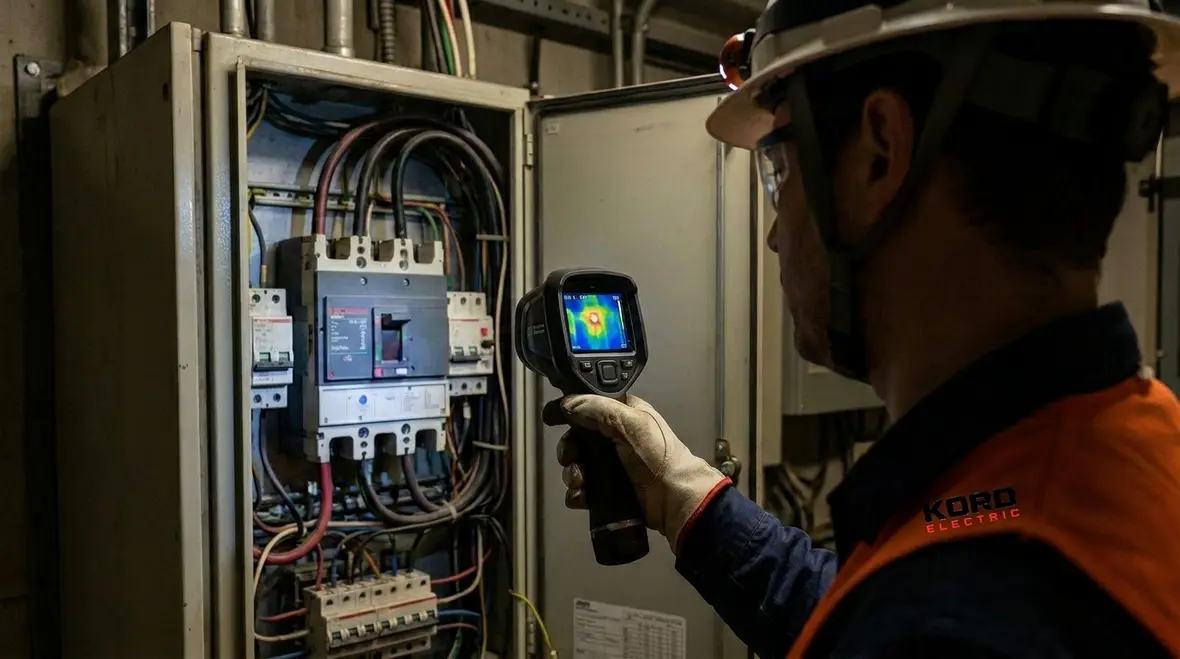 Technician performing commercial electrical load balancing in a mechanical room