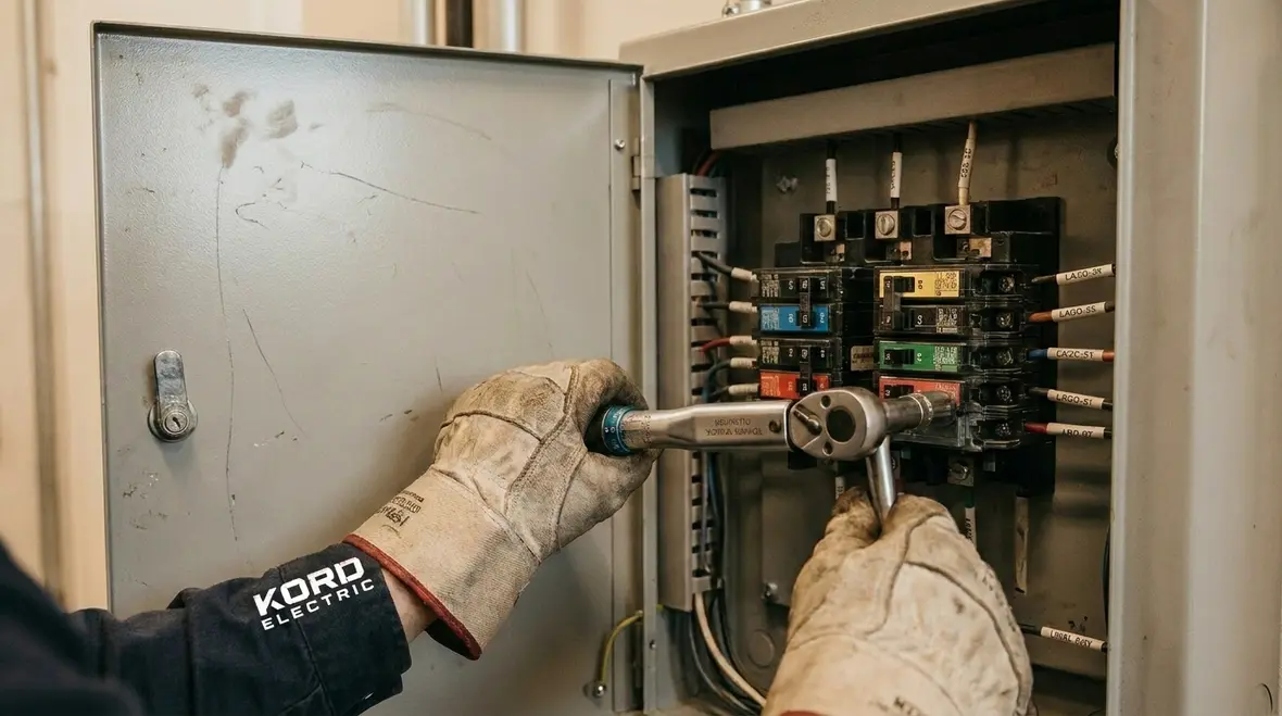 Technicians reviewing a commercial electrical load balancing plan in a main service room