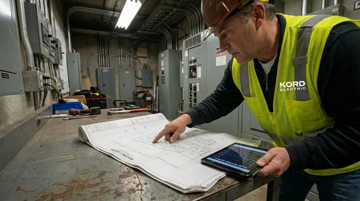 Engineers documenting an electrical load map for a commercial facility
