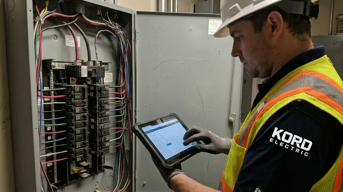Kord Electric technicians performing commercial electrical load assessment