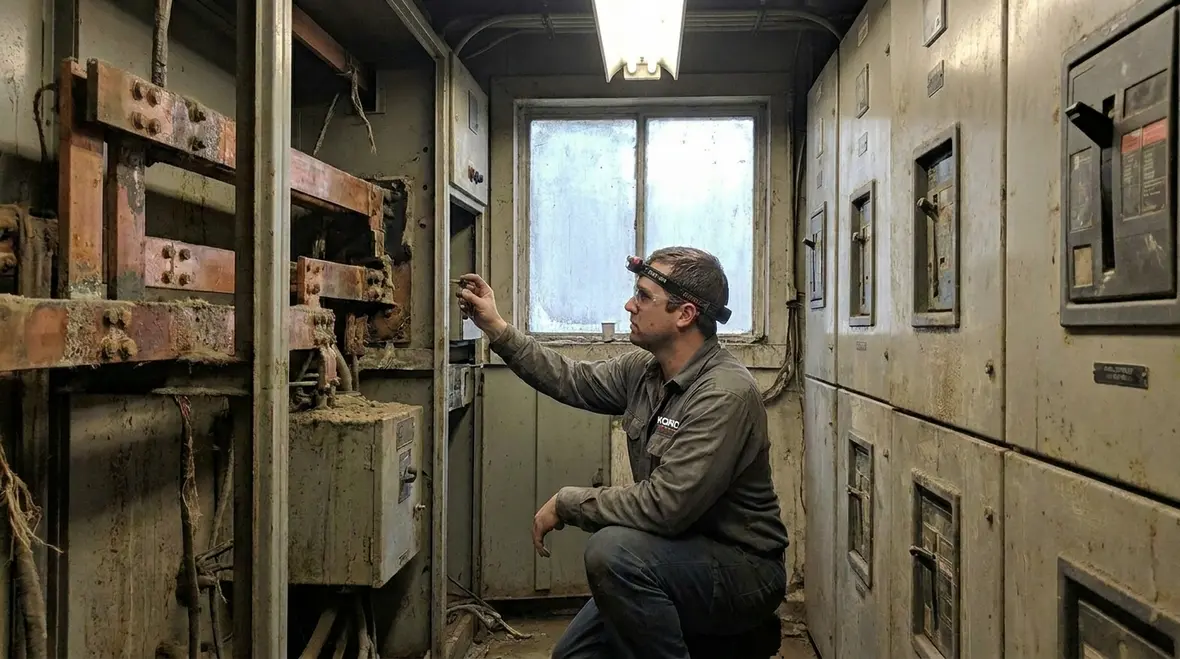 Technician inspecting redundant power equipment in a commercial data environment