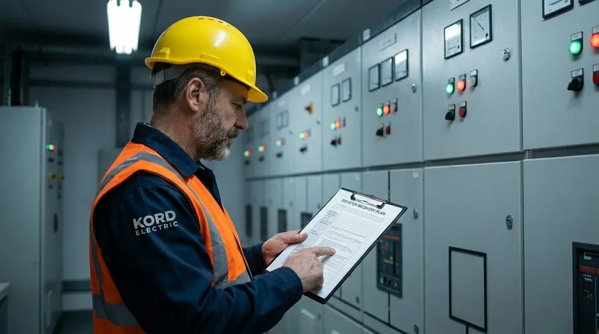 Technicians reviewing an industrial electrical disaster recovery plan at a commercial facility