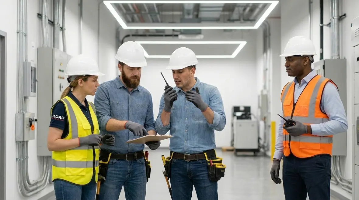Electrician performing safe lockout tagout during a business electrical disaster recovery event