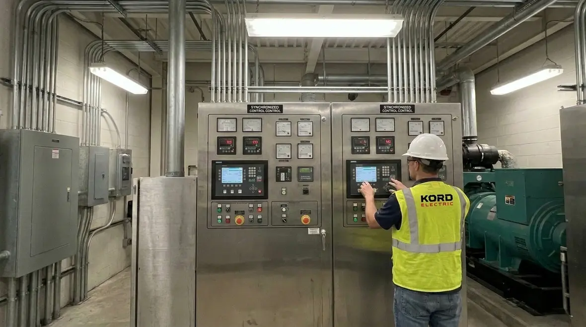 Technicians reviewing data center power redundancy strategies in an electrical room