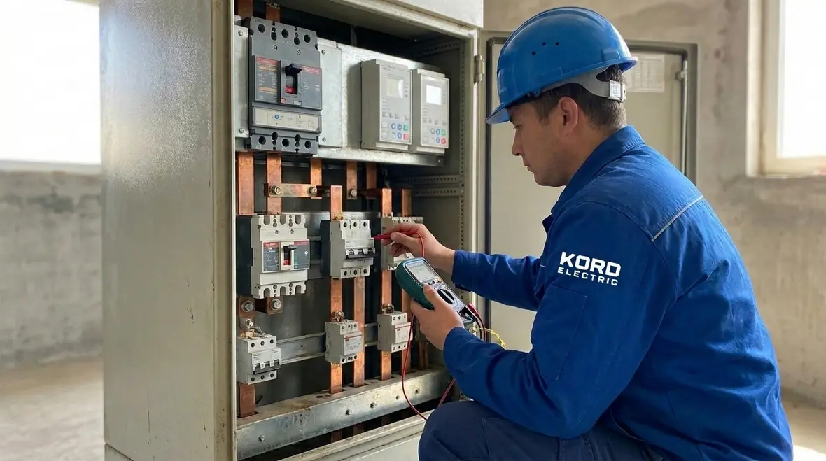 Technician inspecting commercial electrical panels and switchgear during maintenance