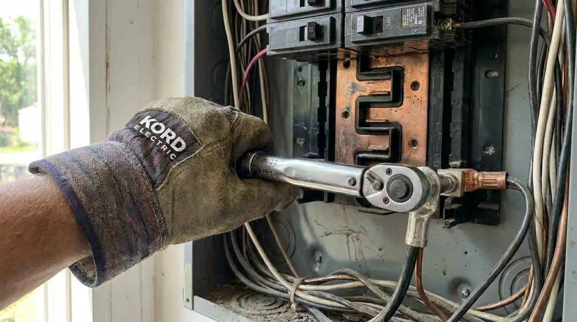 Office electrical panel with organized wiring to reduce overheating risk
