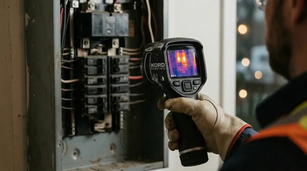 Technician reviewing office electrical fire prevention measures in a commercial electrical room