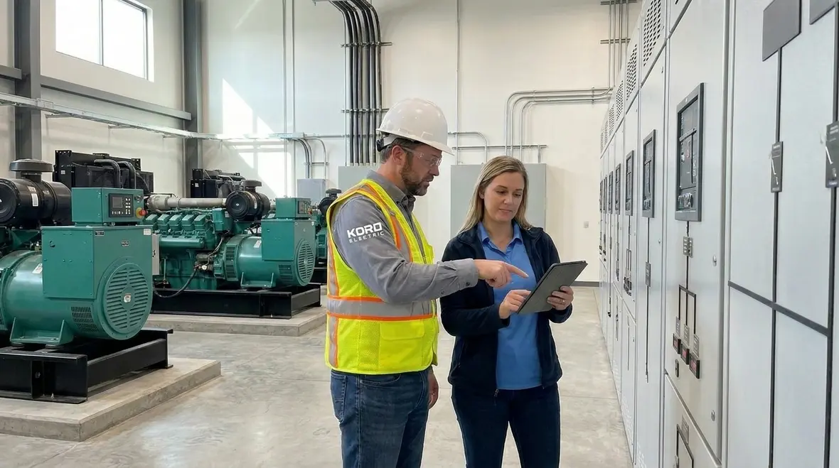 Technicians reviewing commercial facility critical power loads for backup system design