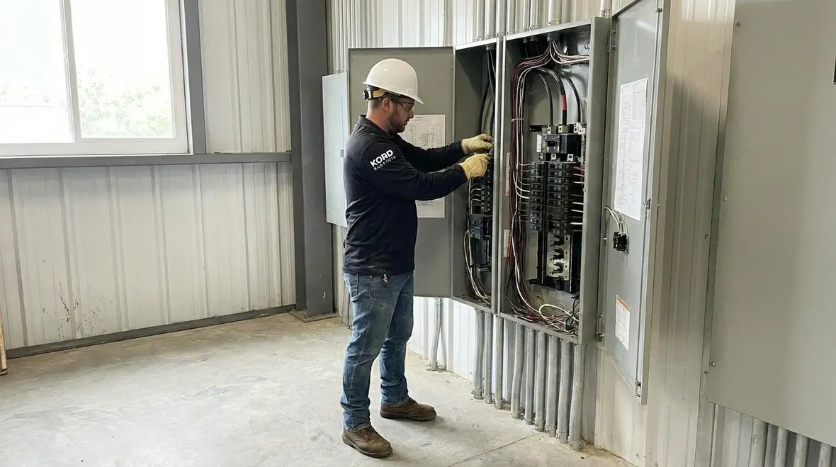 Technician inspecting a commercial electrical panel capacity upgrade in a major property building