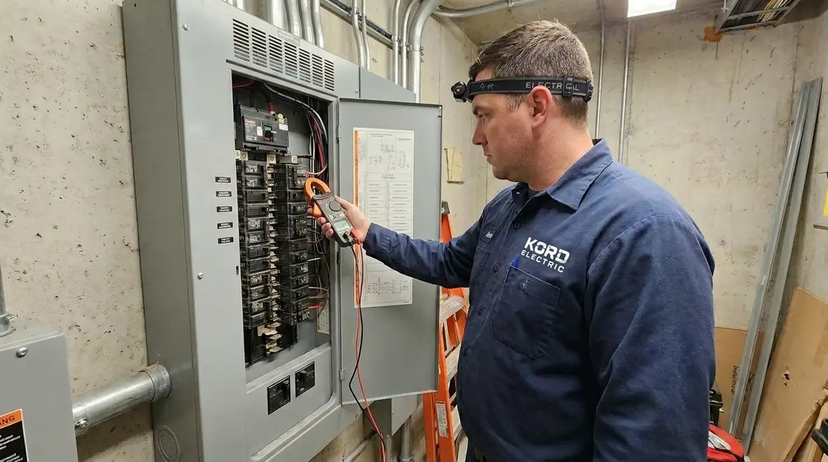 Technician checking commercial electrical panel capacity in a mechanical room